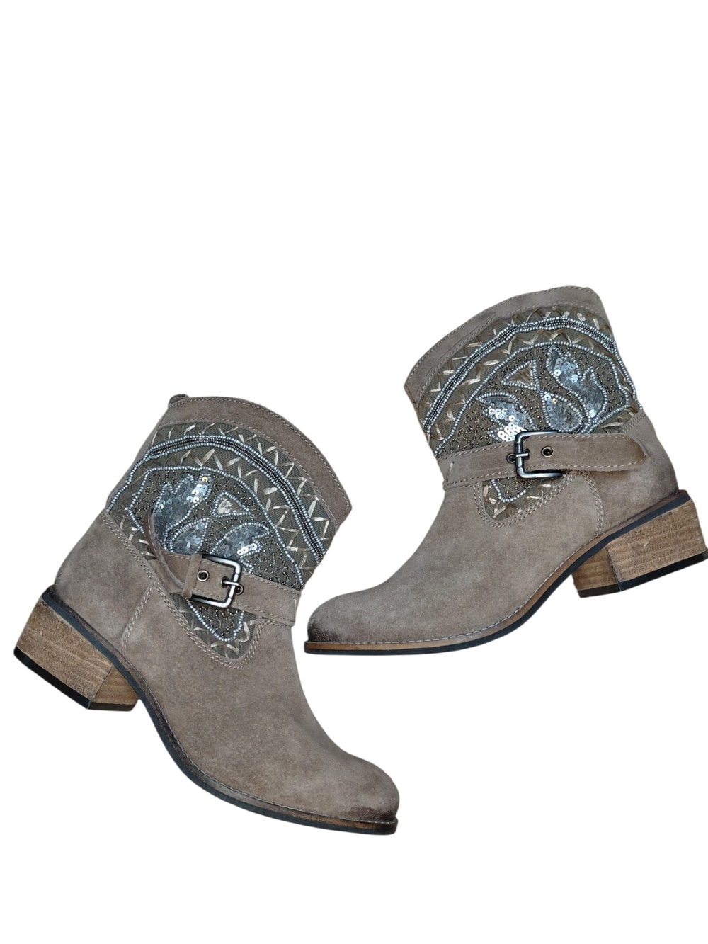 Naughty Monkey 'Deco Stytch' Taupe Beaded Sequin Embroidered Suede Western Booty